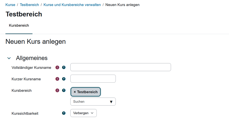 Kurs anlegen: Allgemeines
