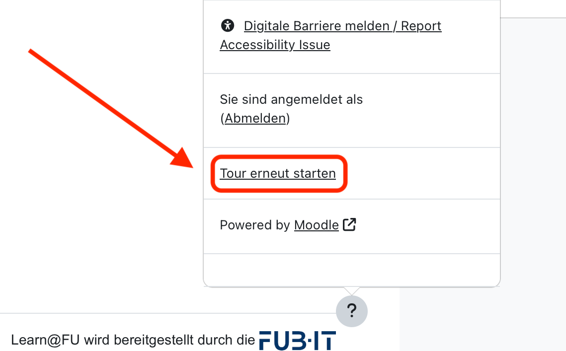 Abbildung des User Menüs mit hervorgehobenem Link "Tour erneut starten"