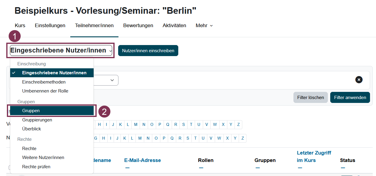 Übersicht der Gruppenverwaltung in Moodle